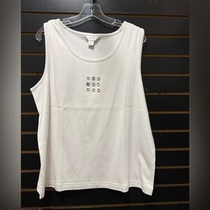 CJ Banks White Tank Top 1X Plus Size Sleeveless Embellished Button Front Detail